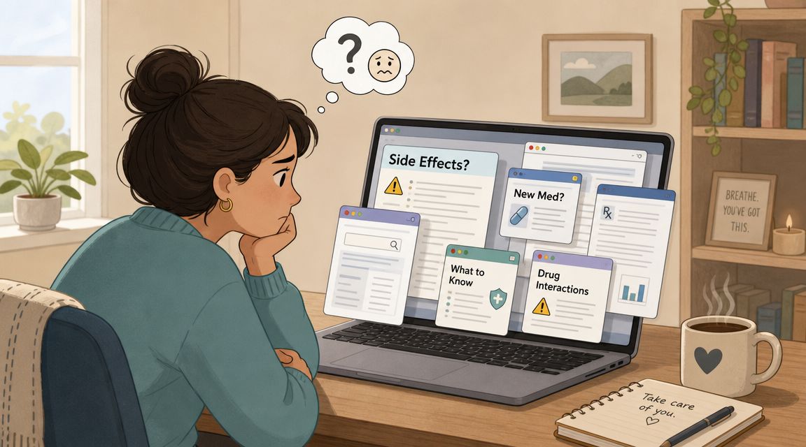 A young woman feeling overwhelmed while researching medication information and side effects on her laptop at home.