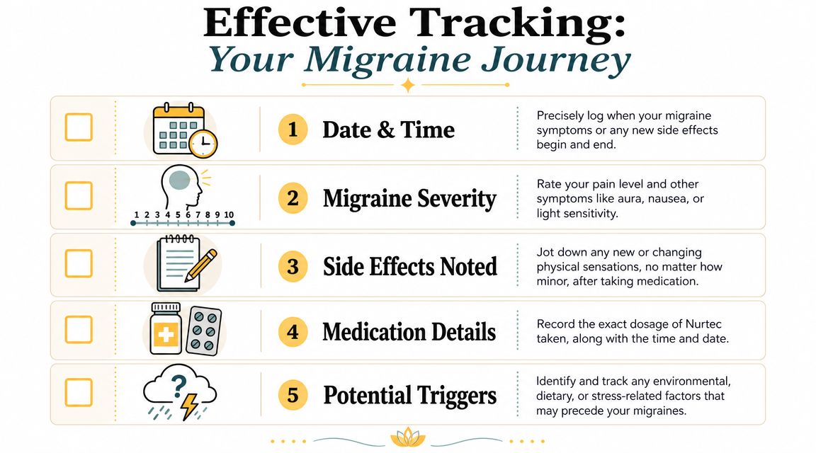 An infographic detailing five steps for tracking migraine symptoms, medication, and potential triggers for health management.