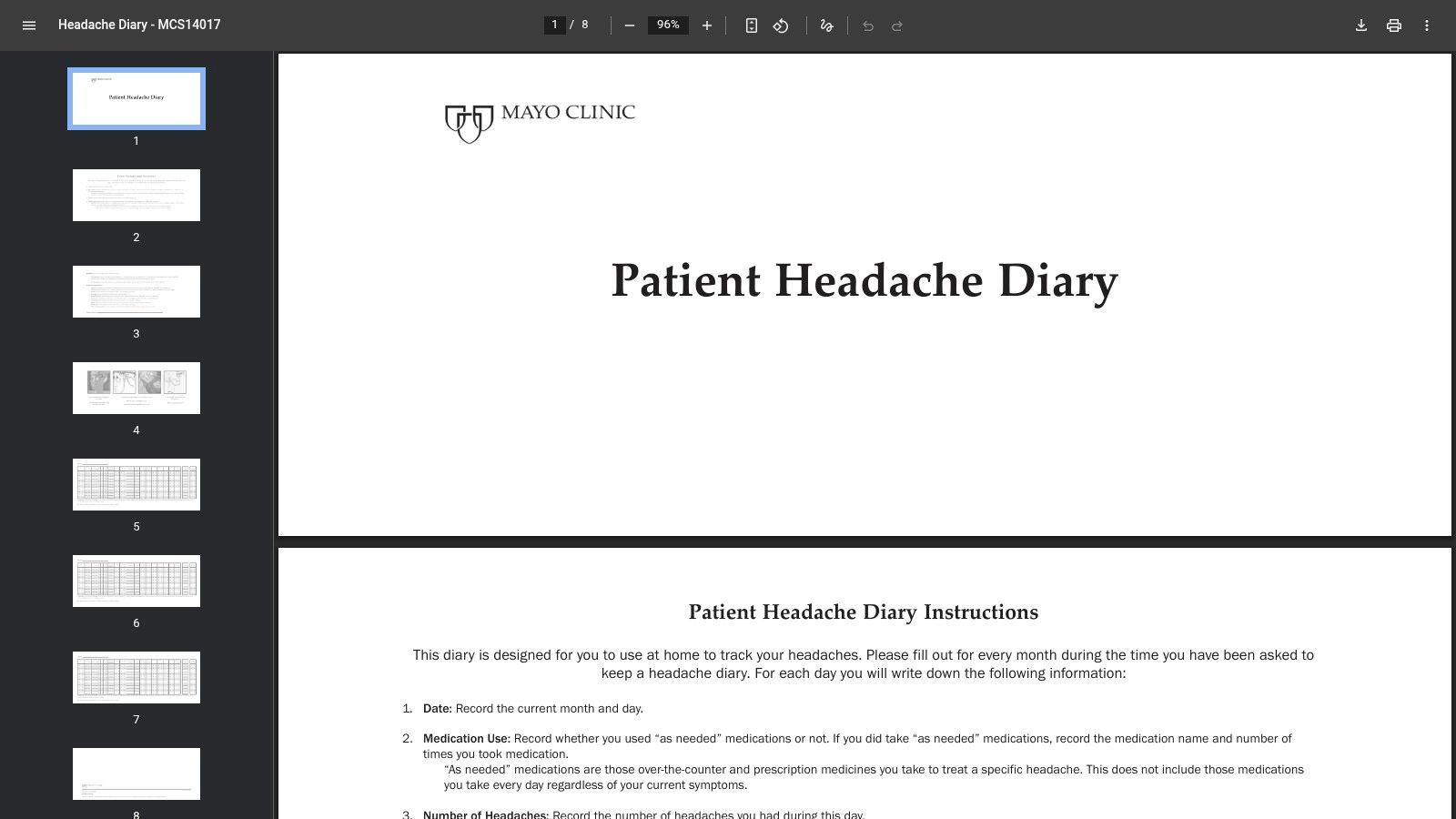 Mayo Clinic – Patient Headache Diary (PDF)