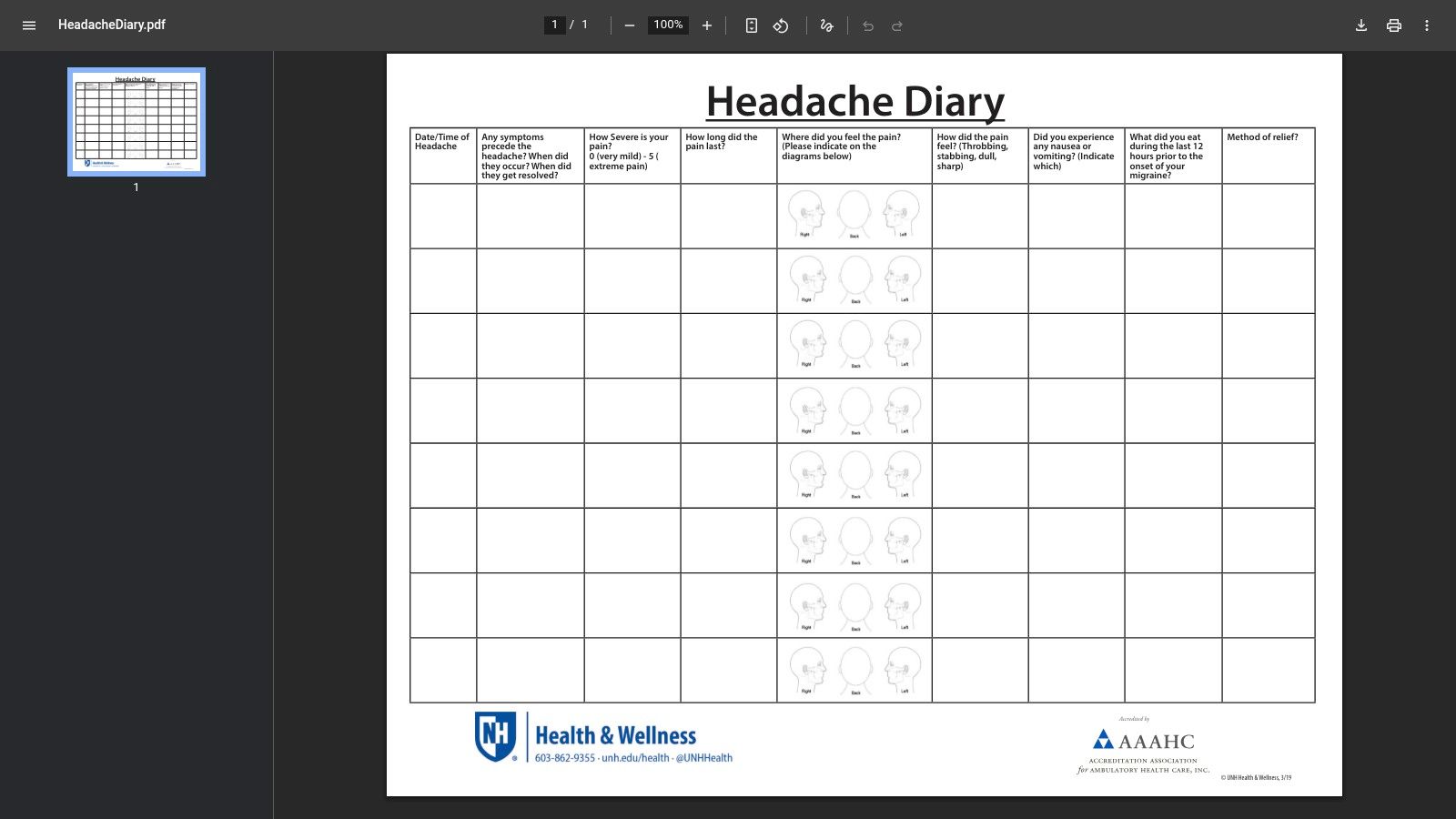 University of New Hampshire Health & Wellness – Headache Diary (PDF)
