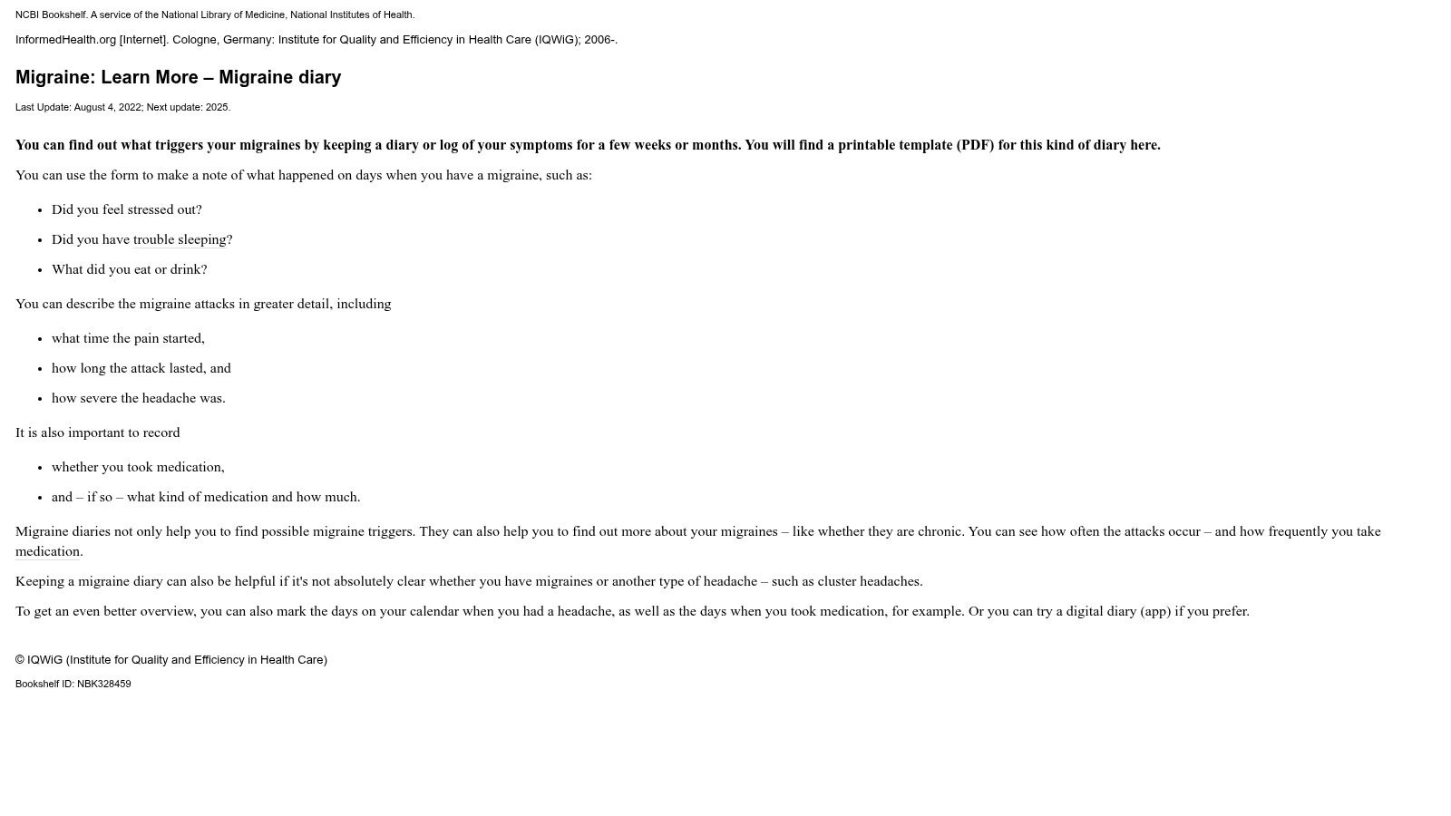 InformedHealth (IQWiG/NCBI Bookshelf) – Migraine Diary Template (PDF)