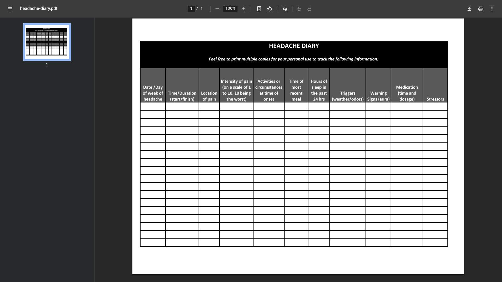 Children's Healthcare of Atlanta (CHOA) – Headache Diary (PDF)