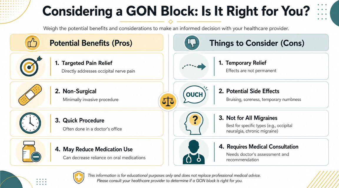 An infographic comparing the pros and cons of receiving a greater occipital nerve block for migraine treatment.