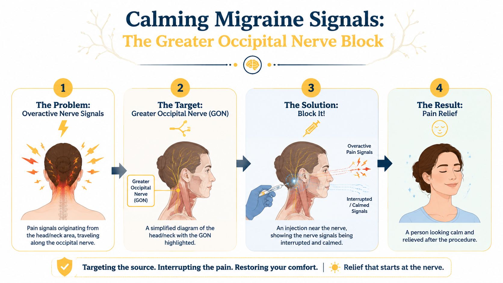 An infographic showing the four-step process of a greater occipital nerve block for migraine pain relief.