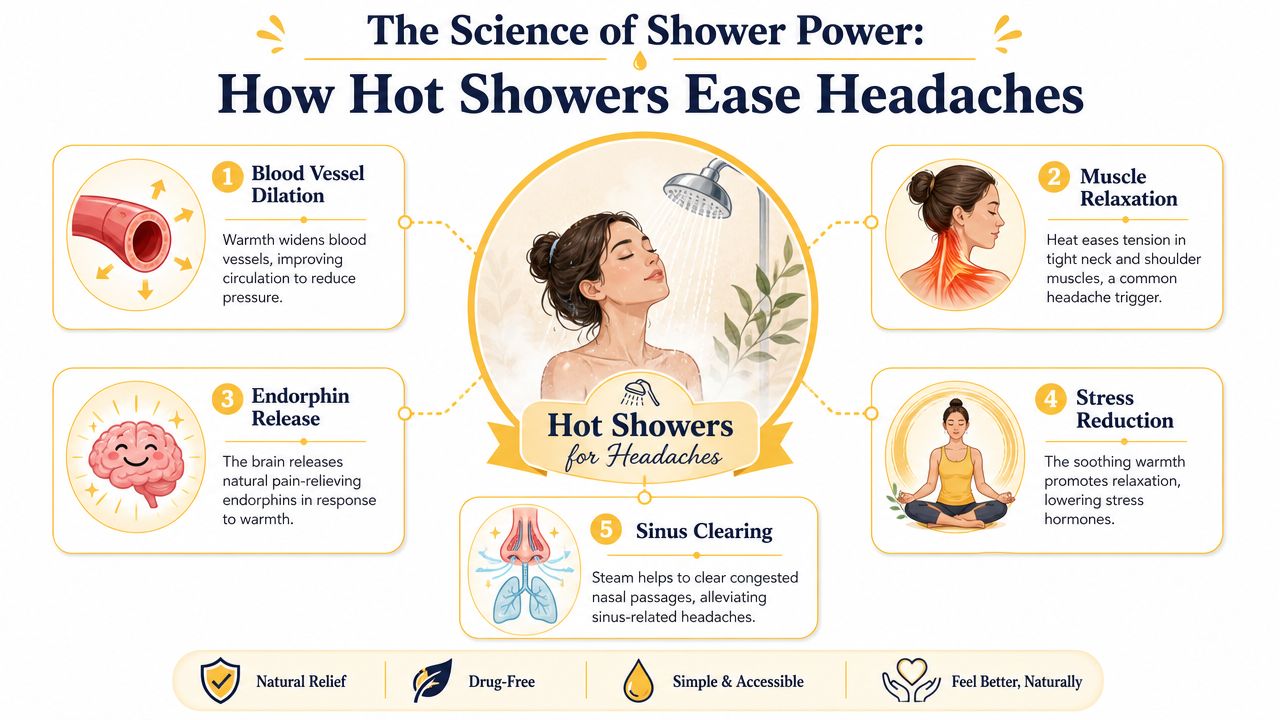 An infographic titled The Science of Shower Power explaining five ways hot showers help ease headaches.