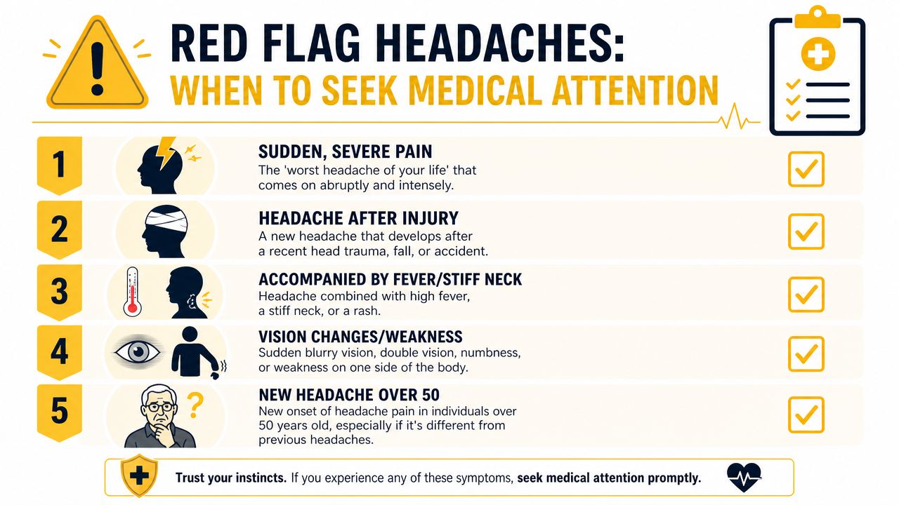 An infographic titled Red Flag Headaches listing five urgent symptoms that require immediate medical attention.