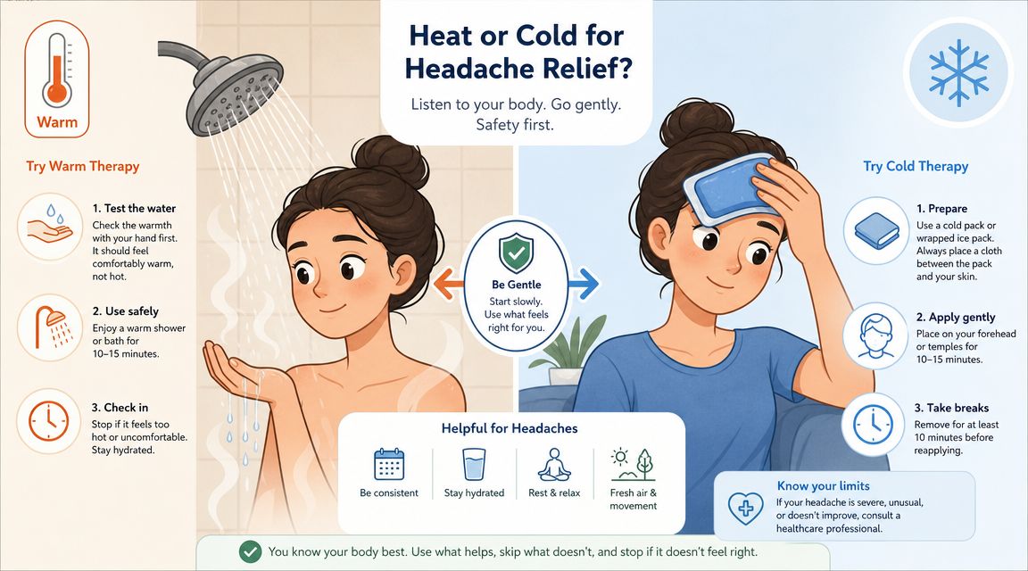 An infographic showing how to use warm showers or cold packs for headache relief safely and gently.