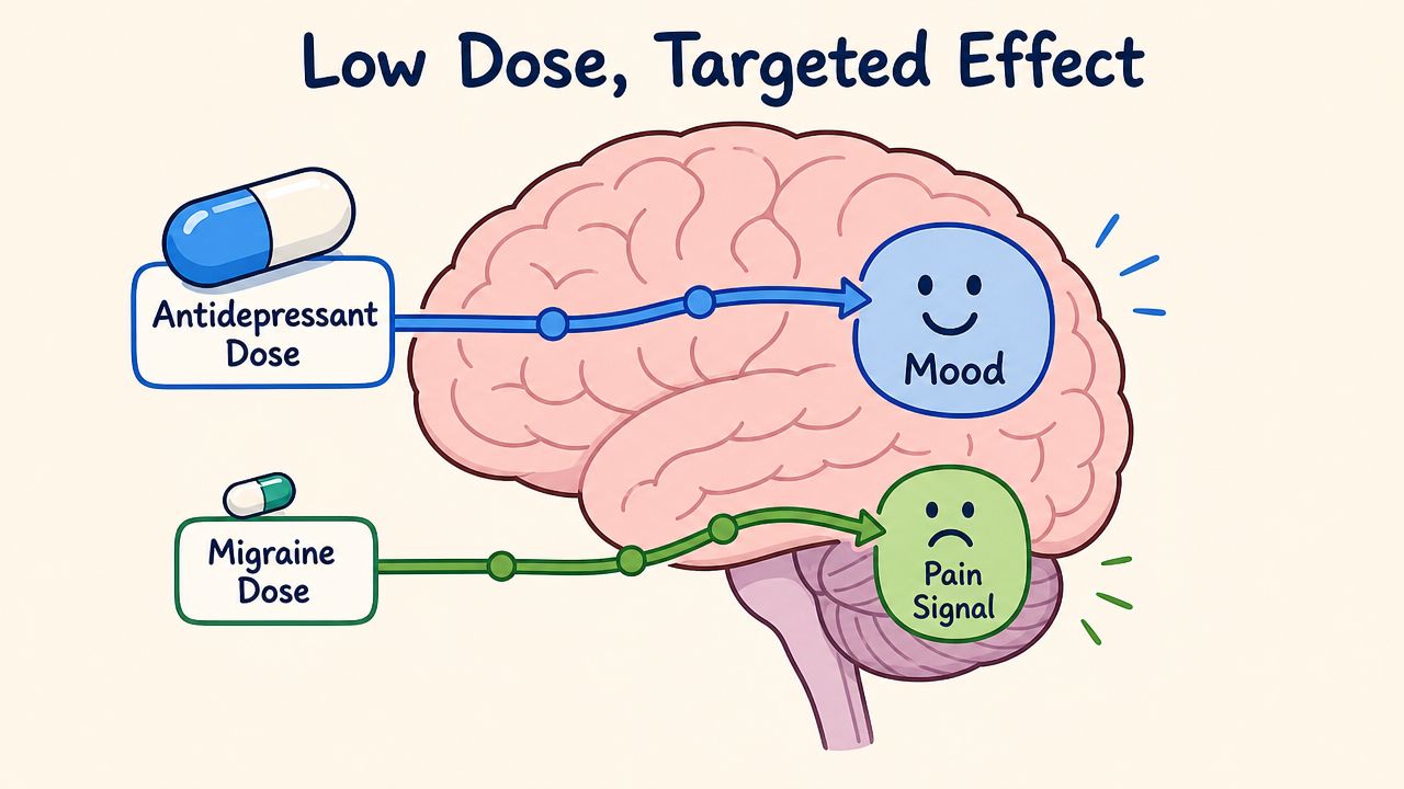 An infographic showing that low doses of medication target migraine pain while higher doses impact mood.