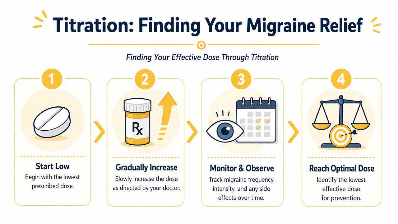 A four-step infographic illustrating the titration process for finding the most effective migraine medication dose.