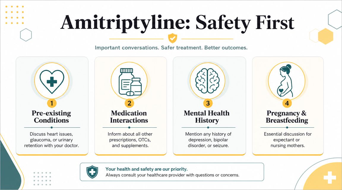 An infographic titled Amitriptyline: Safety First, outlining four important health and medical discussion points for patients.