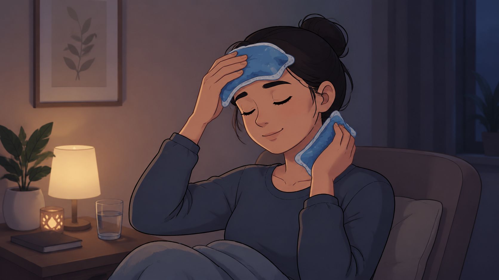 A woman relaxing on a chair at home with ice packs on her forehead and neck.