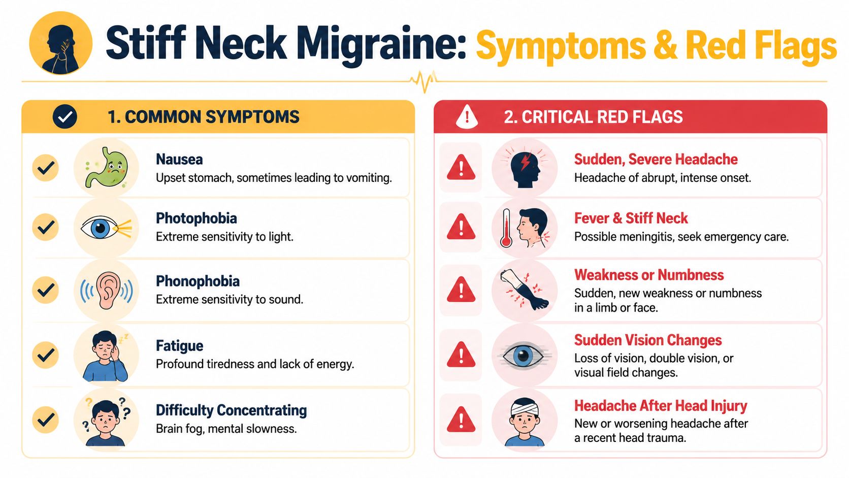 An infographic titled Stiff Neck Migraine outlining common symptoms on the left and critical red flags on the right.