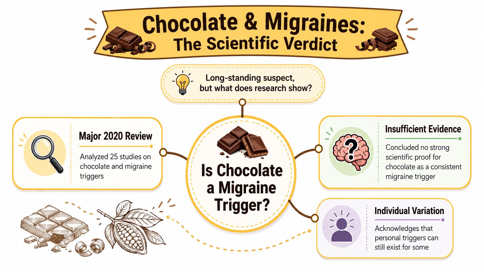 An infographic titled Chocolate and Migraines exploring the scientific evidence regarding chocolate as a headache trigger.