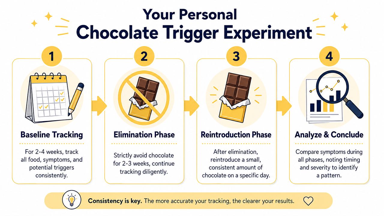 A four-step infographic illustrating how to conduct a personal chocolate elimination experiment to identify migraine triggers.