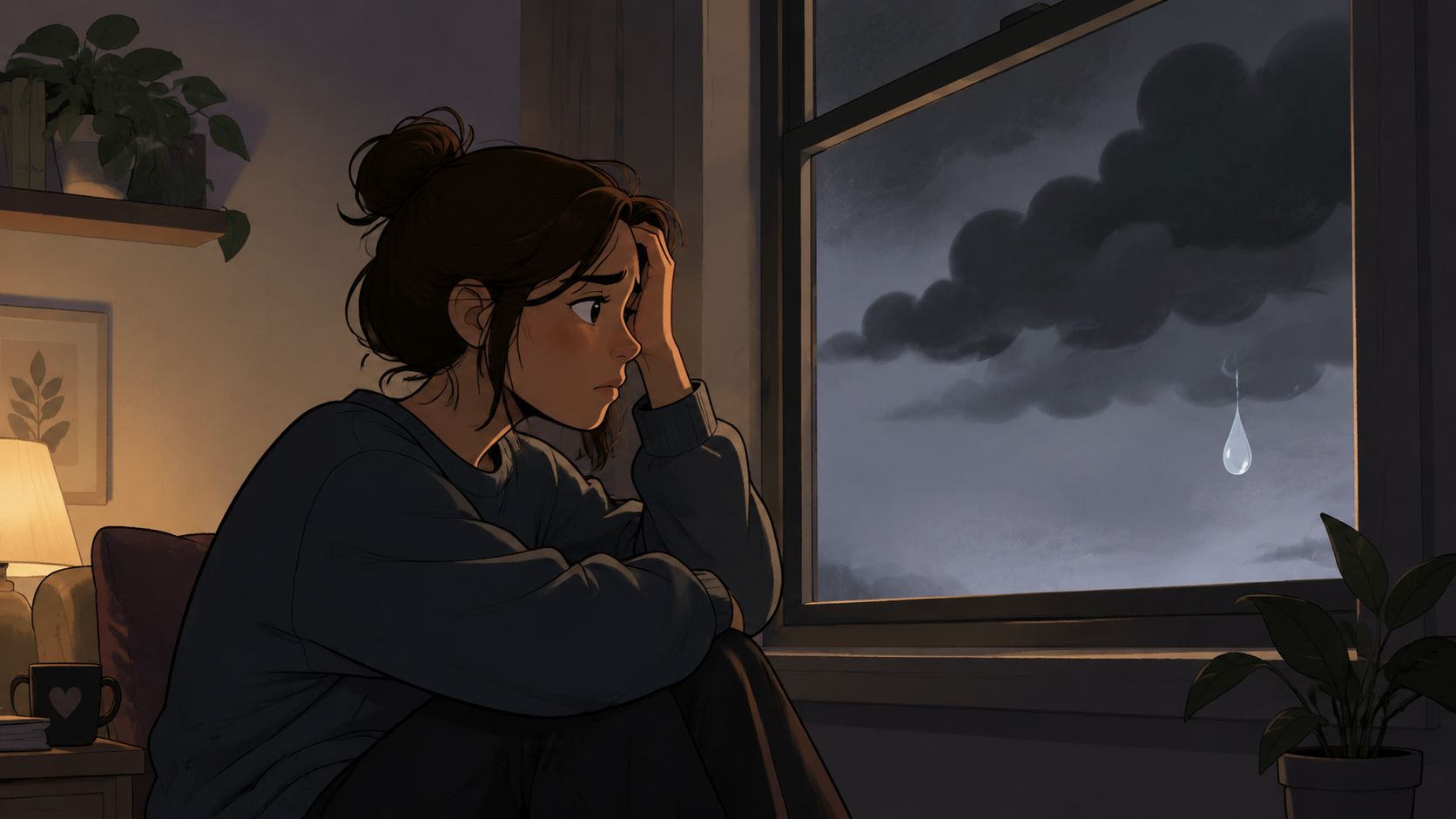 A lonely woman sitting in a dimly lit room, staring sadly out a window at a rainy sky.