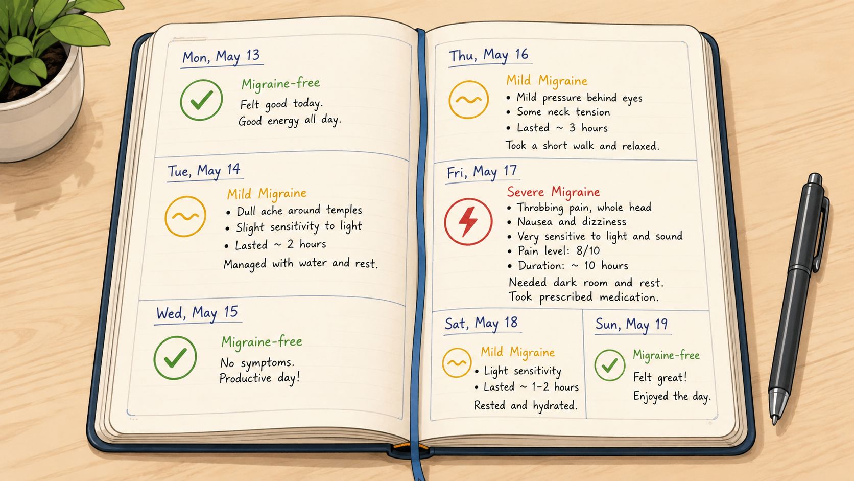 A personal diary open on a wooden desk showing a handwritten weekly migraine symptom tracking log.