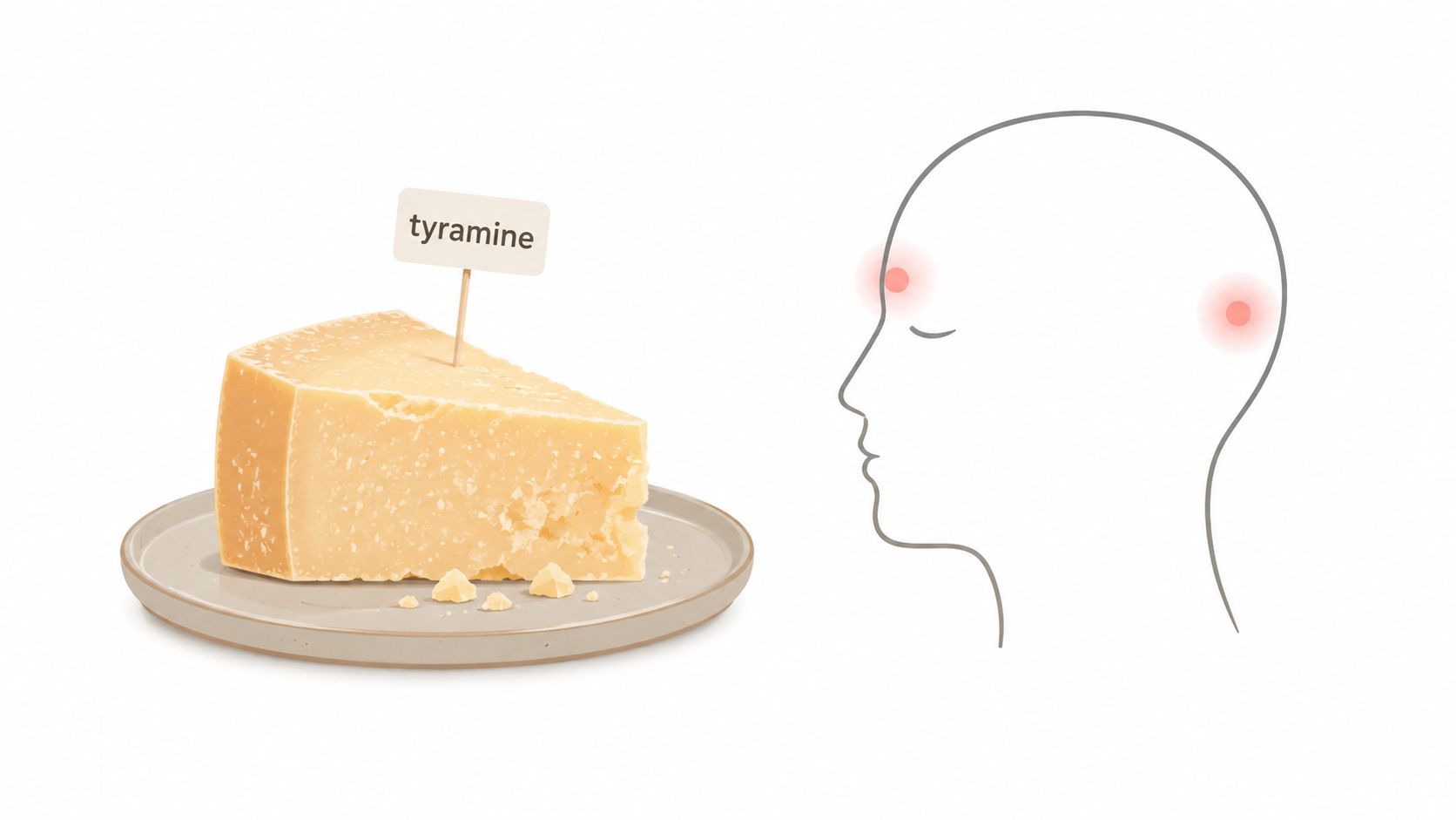 A piece of aged cheese labeled tyramine next to an outline of a human head with headache points.