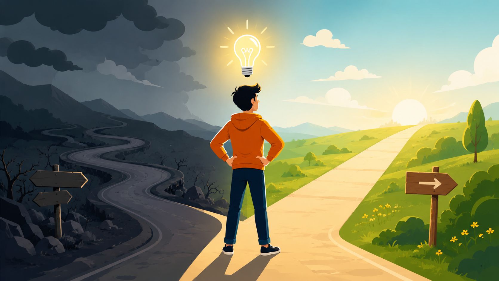 A person standing at a fork in the road choosing between a dark path and a bright one.