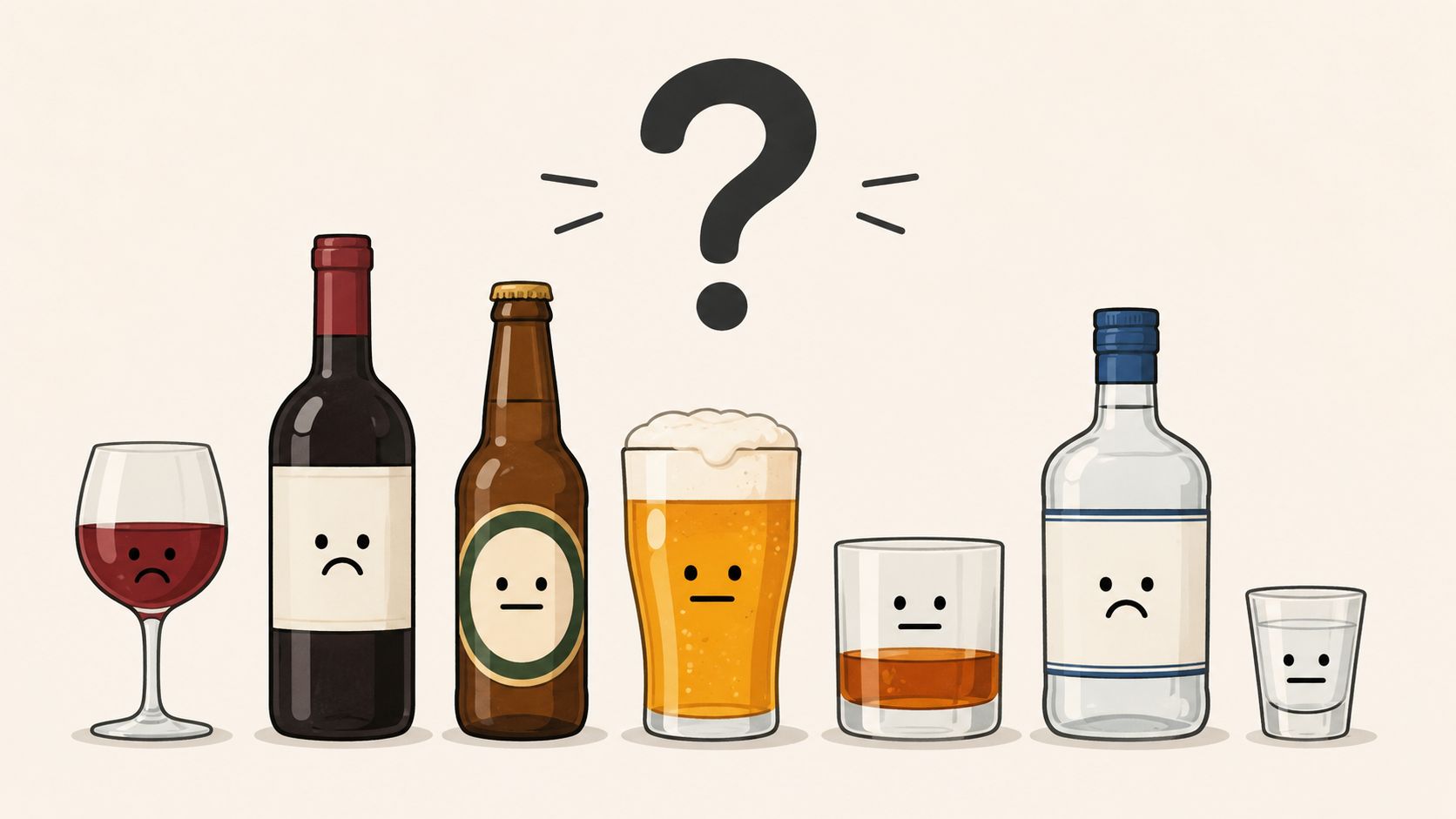 A line of various alcoholic beverages with sad and neutral faces, centered under a large question mark.