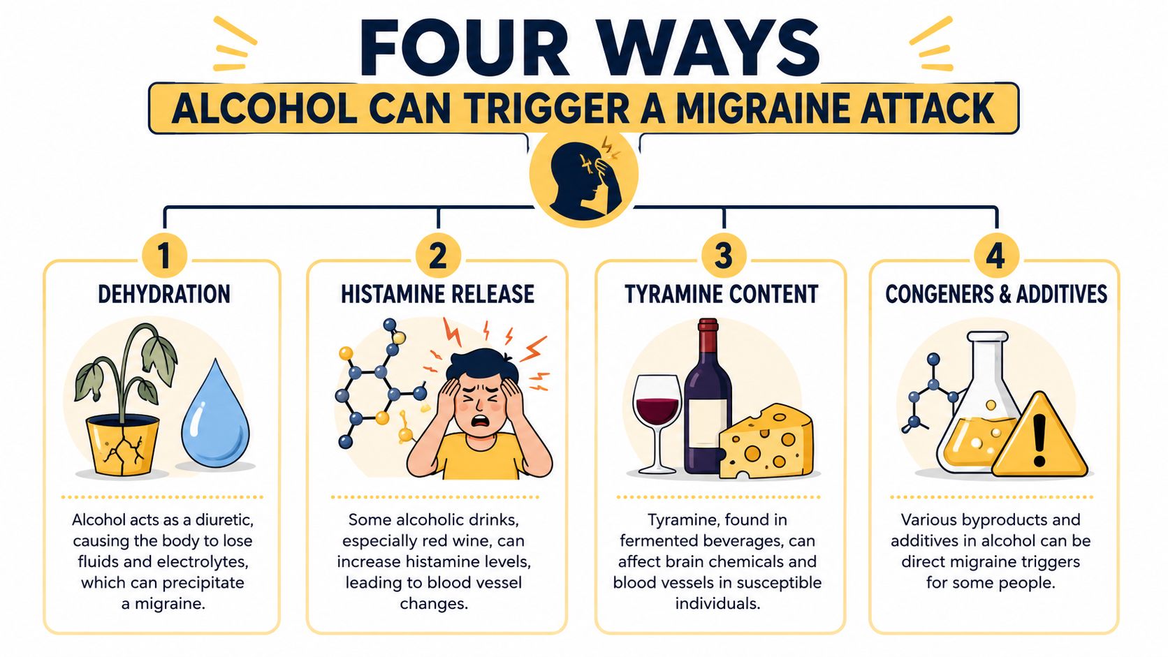 An infographic illustrating four ways alcohol can trigger a migraine attack, including dehydration, histamine, tyramine, and additives.