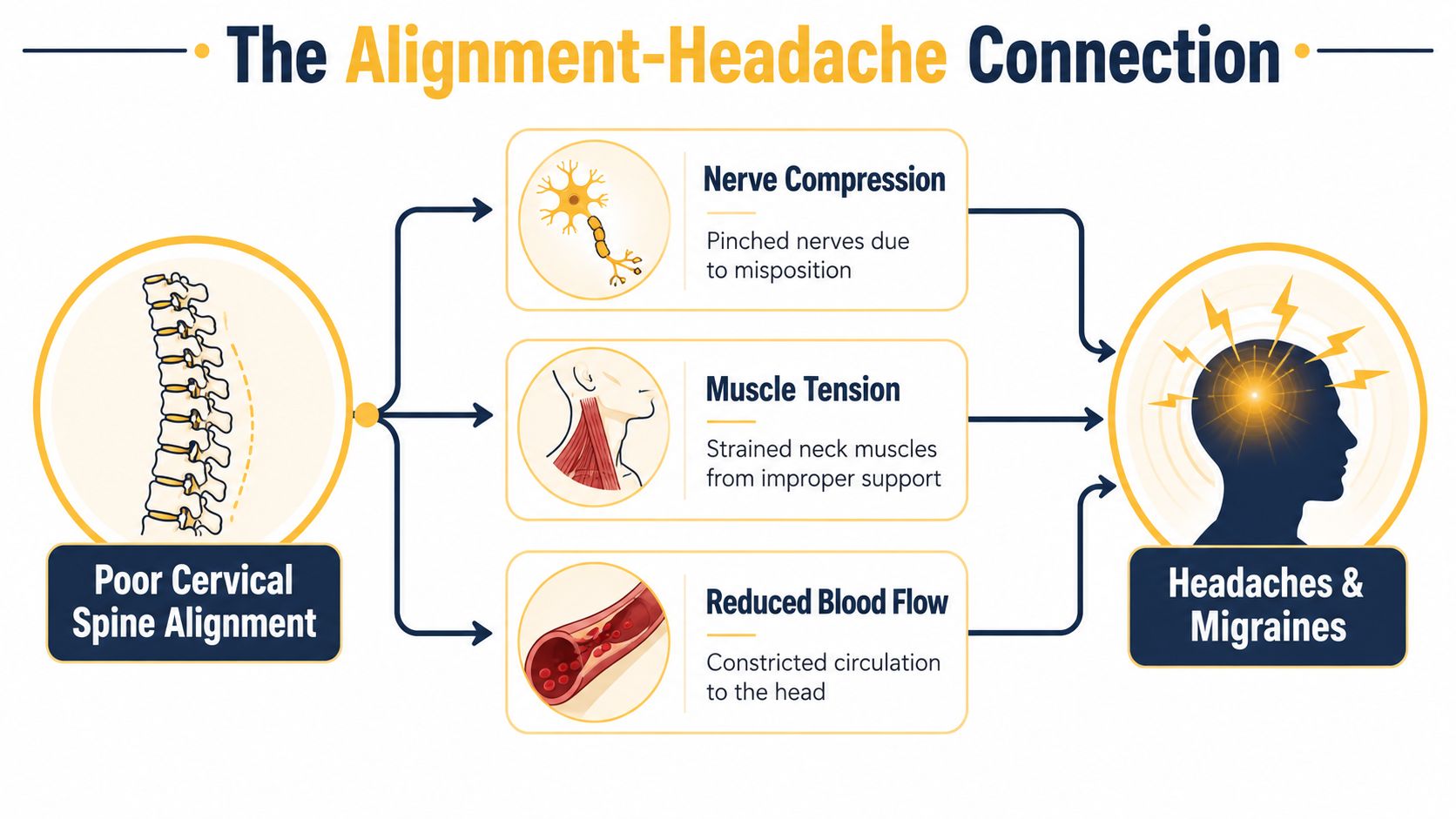 A diagram illustrating how poor cervical spine alignment causes nerve compression, muscle tension, and reduced blood flow leading to headaches.