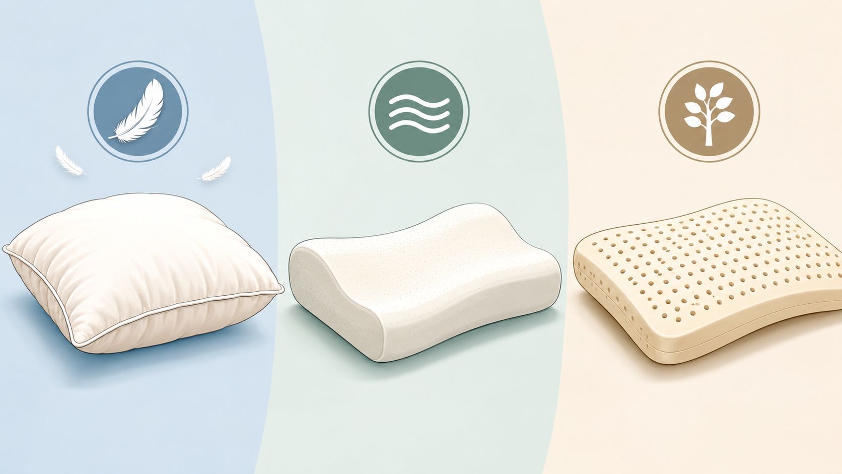 Three different types of pillows displayed against colored backgrounds representing down, memory foam, and latex material options.