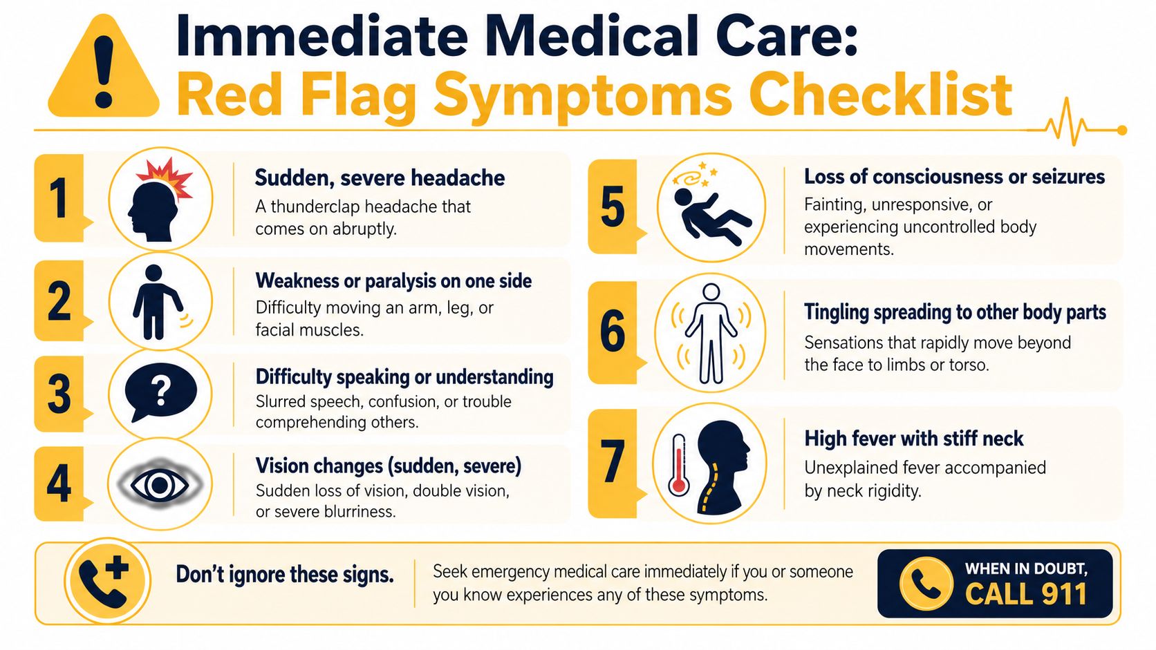 An infographic titled Immediate Medical Care Red Flag Symptoms Checklist showing seven urgent medical warning signs.