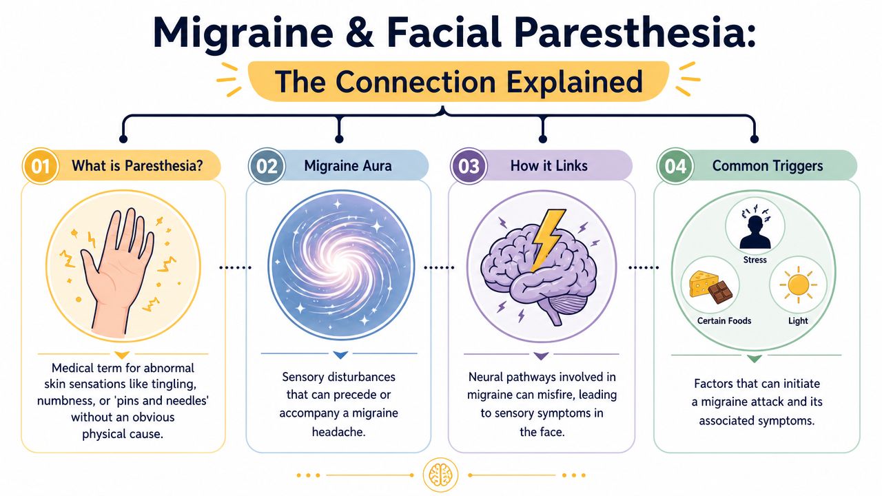 An infographic explaining the connection between migraine headaches and facial paresthesia, detailing symptoms, triggers, and neural links.