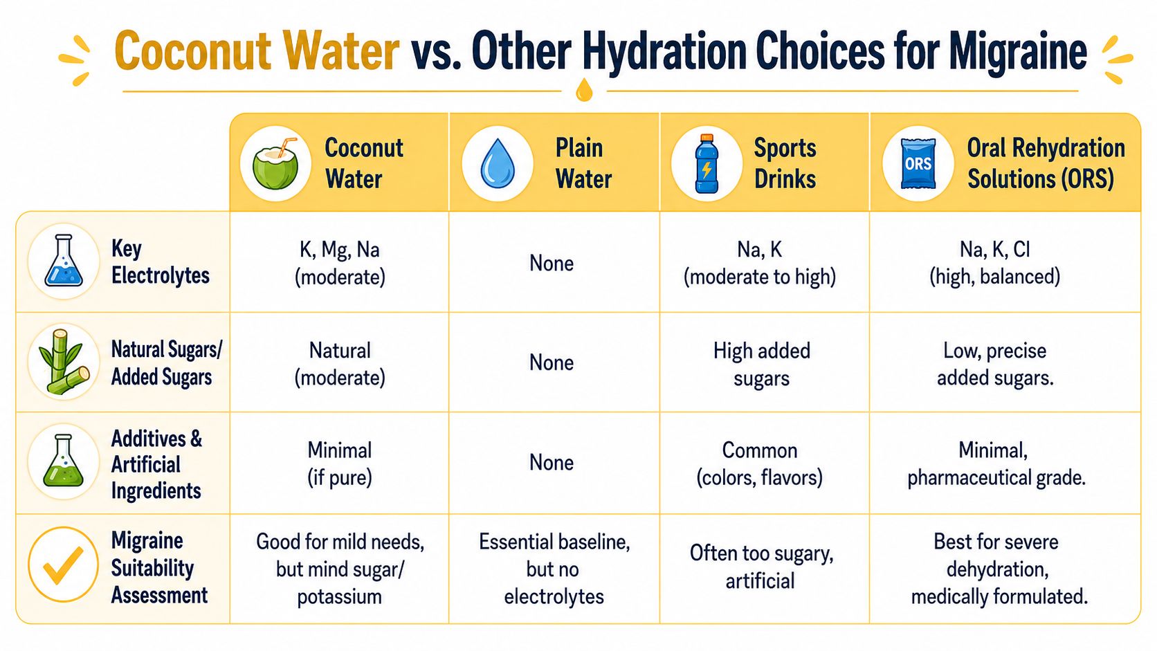 A comparison chart showing how coconut water, water, sports drinks, and ORS help with migraine-related dehydration.