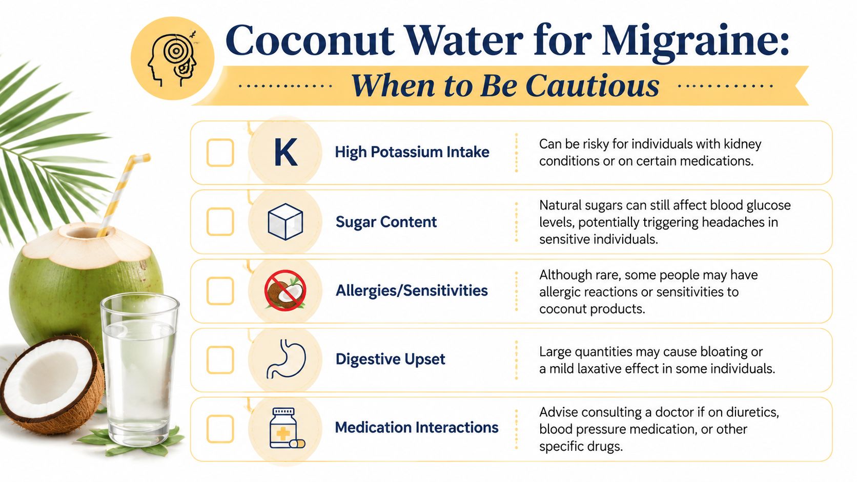 An infographic titled Coconut Water for Migraine explaining health precautions including potassium levels, sugar content, and potential medication interactions.