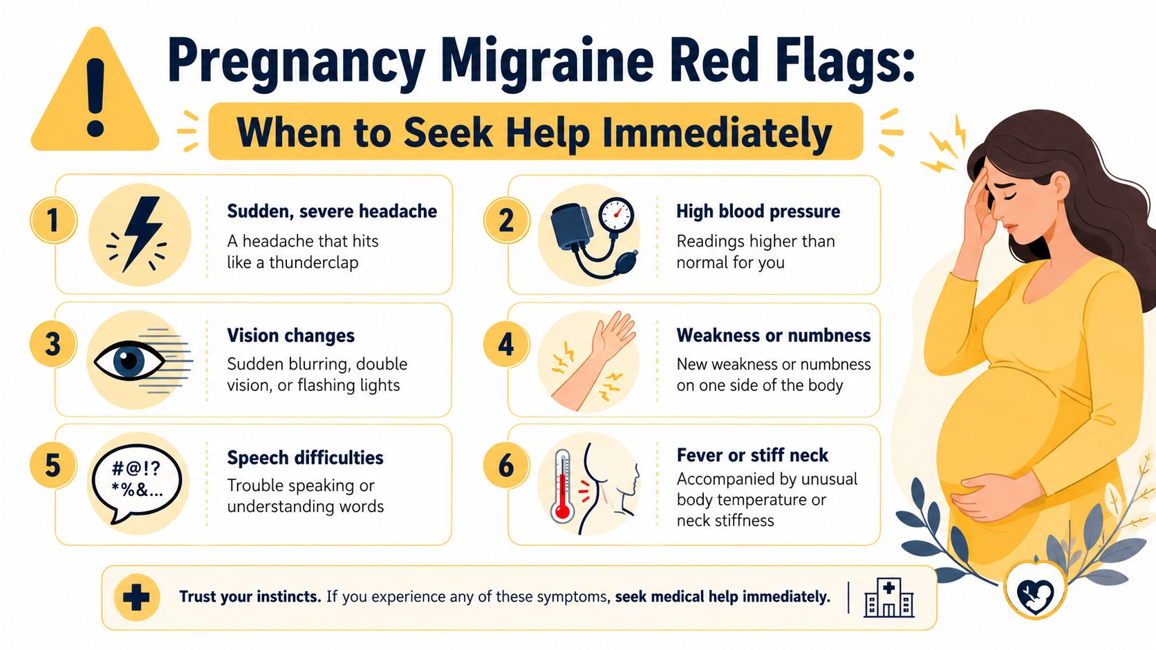 An infographic detailing six emergency red flag symptoms for migraines during pregnancy that require immediate medical attention.