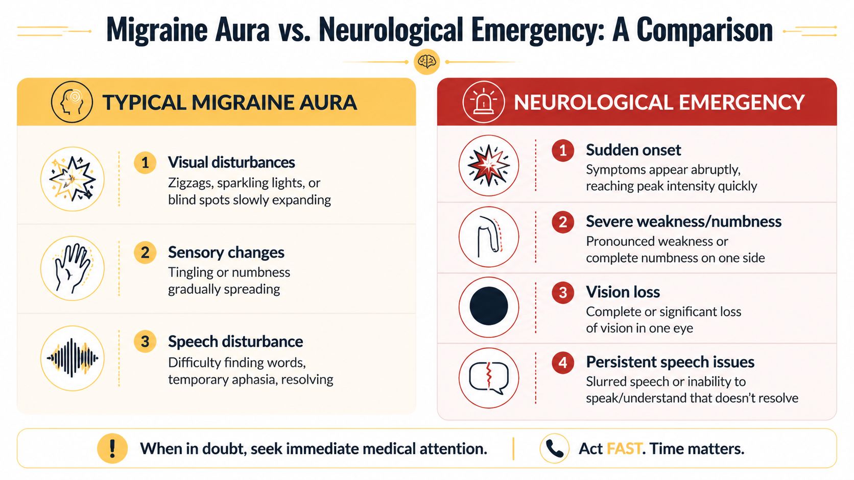 A comparison chart showing the differences between typical migraine aura symptoms and signs of a neurological emergency.
