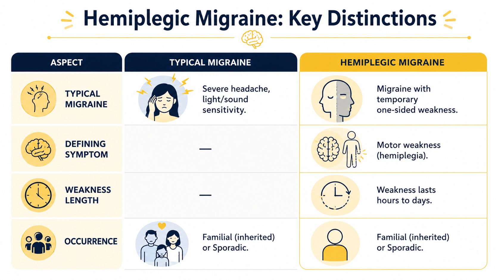 A comparison chart outlining the key differences between a typical migraine and a hemiplegic migraine.