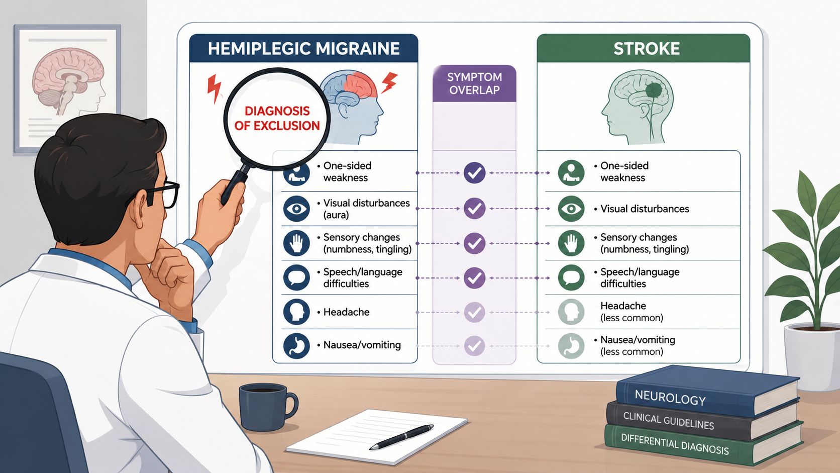 A doctor examines a medical chart comparing the symptoms of hemiplegic migraine and stroke, highlighting overlaps.