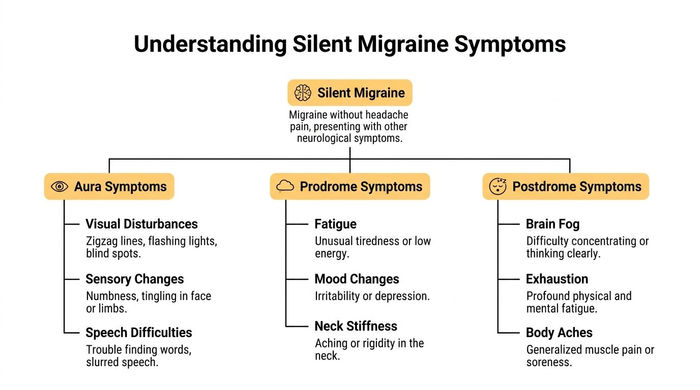 An infographic titled Understanding Silent Migraine Symptoms, categorizing neurological signs into aura, prodrome, and postdrome symptoms.