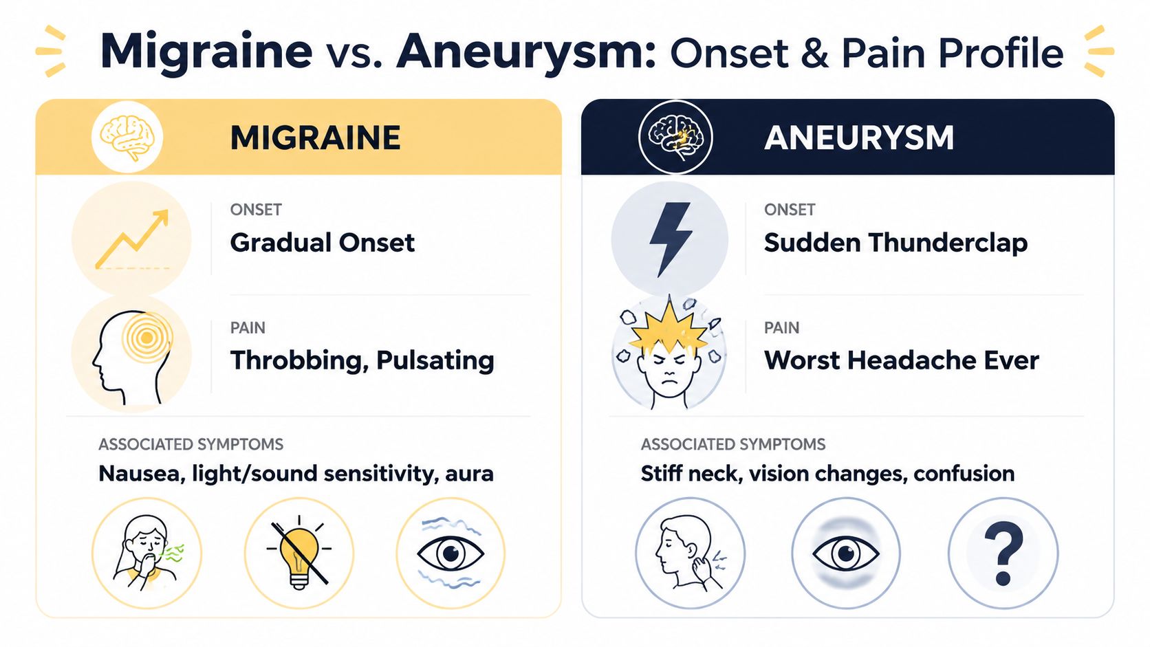 A comparative chart showing the differences between migraine symptoms and brain aneurysm symptoms, including onset, pain, and associated symptoms.