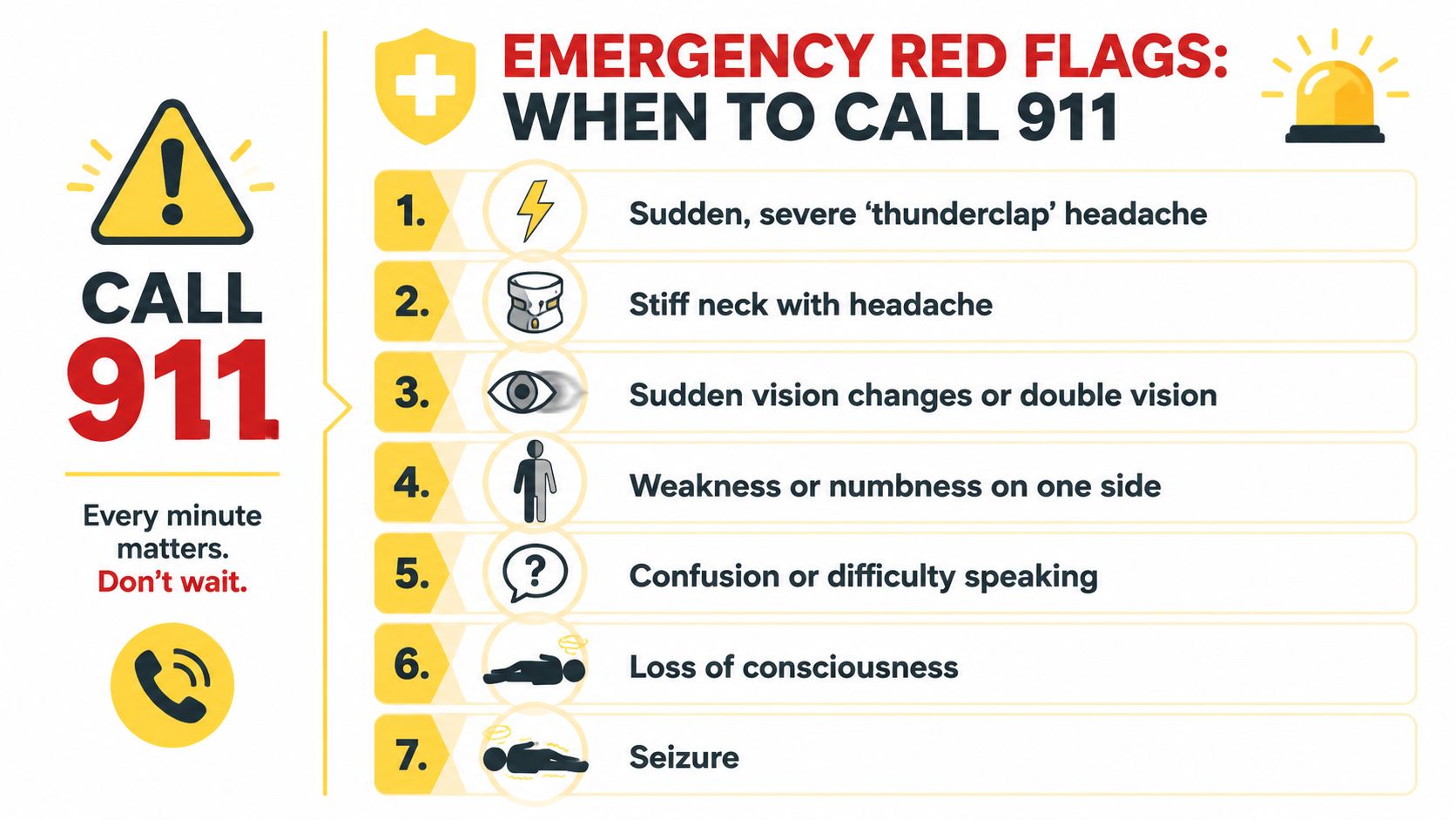 A medical infographic titled Emergency Red Flags listing seven critical symptoms that require calling 911 immediately.