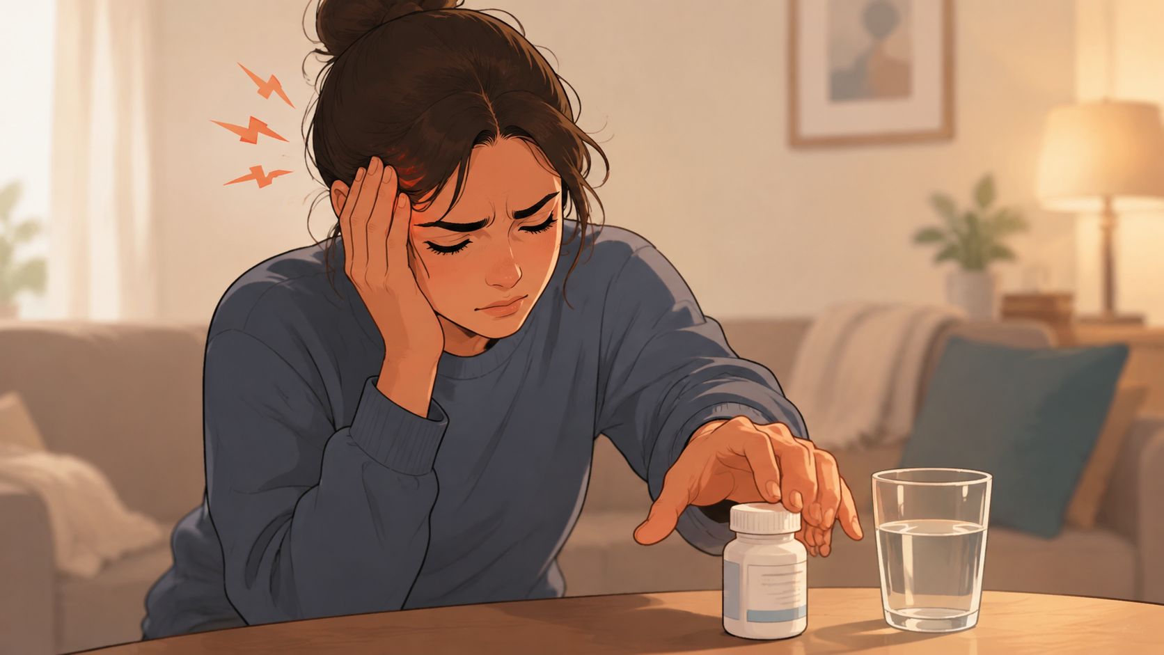 A woman in pain holding her head while reaching for a pill bottle and a glass of water.