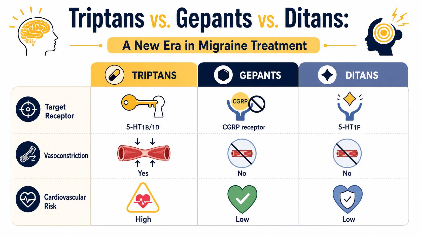 A comparison chart showing the differences between triptans, gepants, and ditans for migraine treatment.