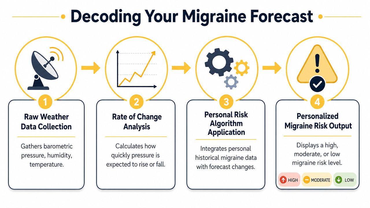 A four-step infographic explaining how weather factors and data algorithms determine your personal migraine risk forecast.