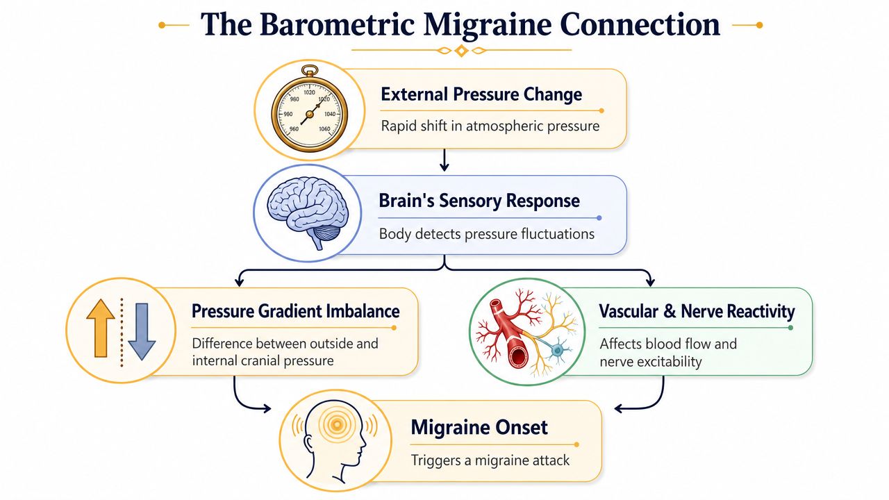 A flowchart explaining the connection between atmospheric barometric pressure changes and the onset of migraine attacks.