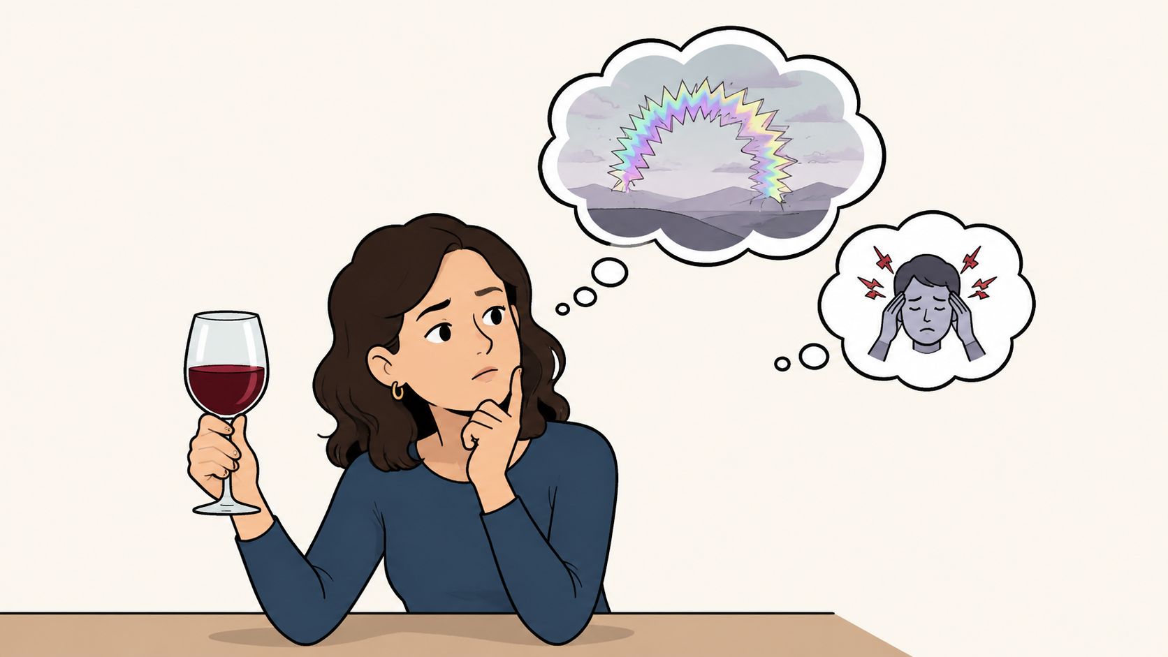 A woman holding a glass of red wine while thinking about visual migraine aura and head pain.