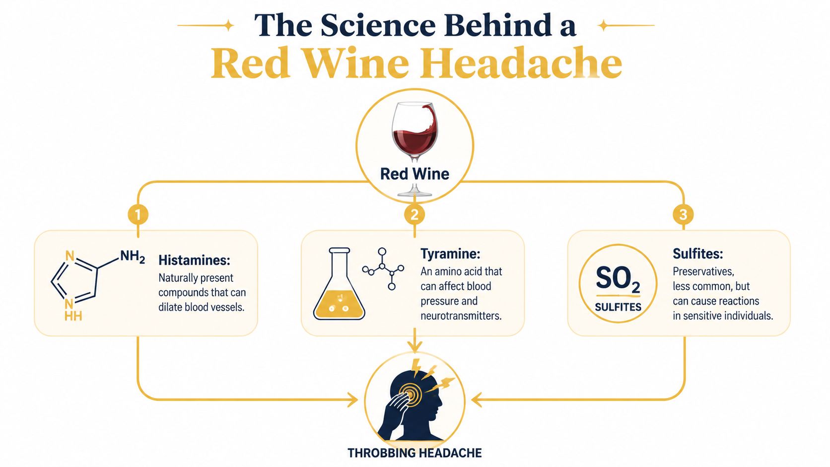 An infographic titled The Science Behind a Red Wine Headache detailing histamines, tyramine, and sulfites as causes.