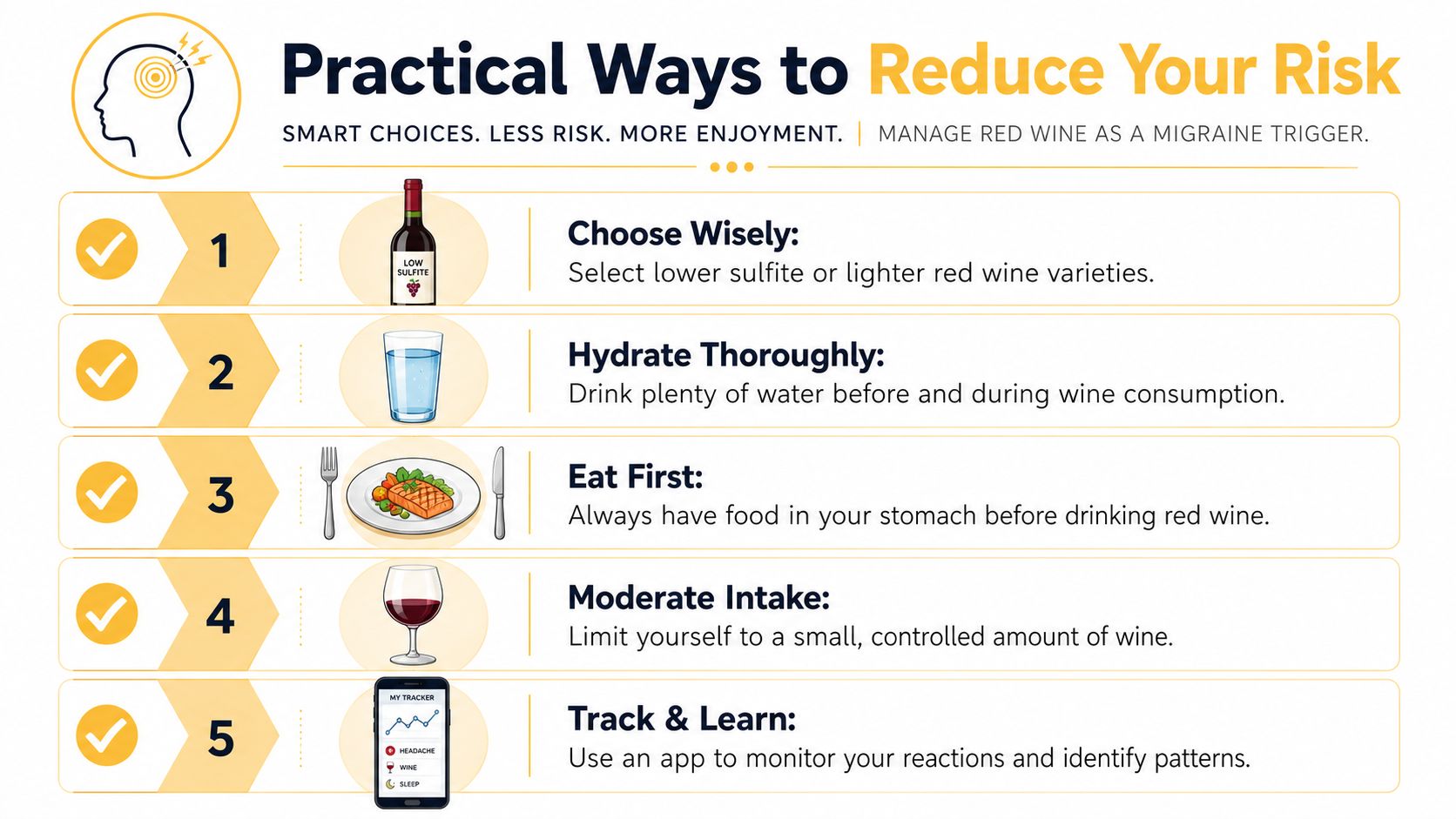 An infographic showing five practical tips to reduce the risk of migraines caused by red wine.