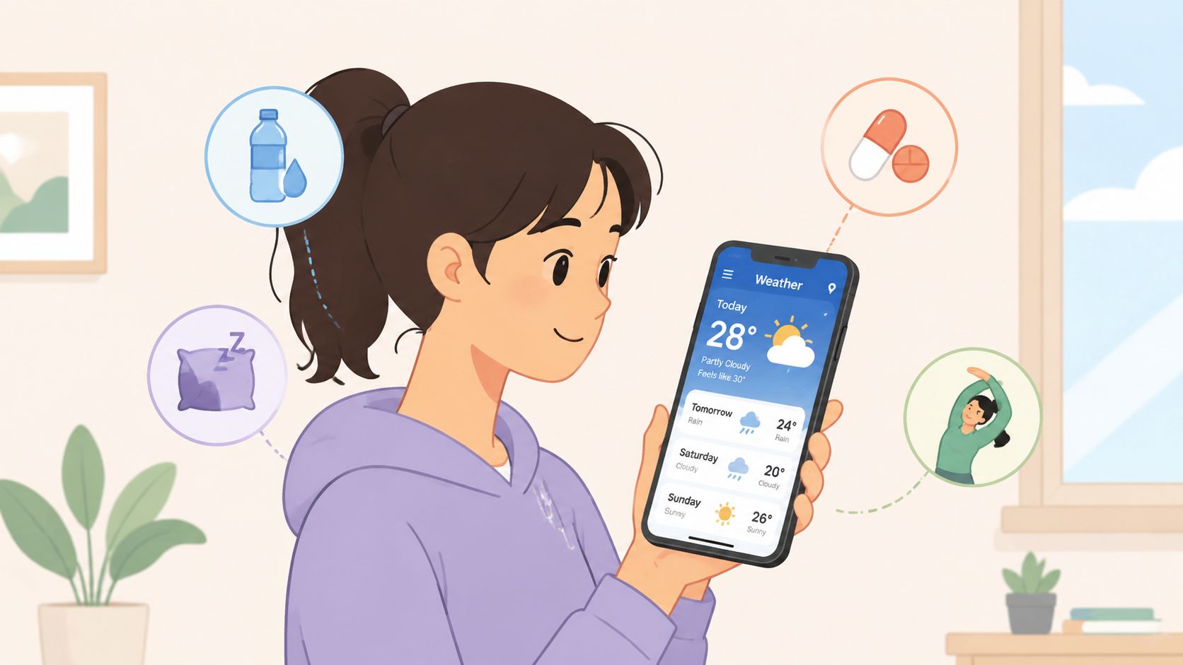 A young woman checks the weather on her smartphone while considering daily wellness habits for migraine prevention.