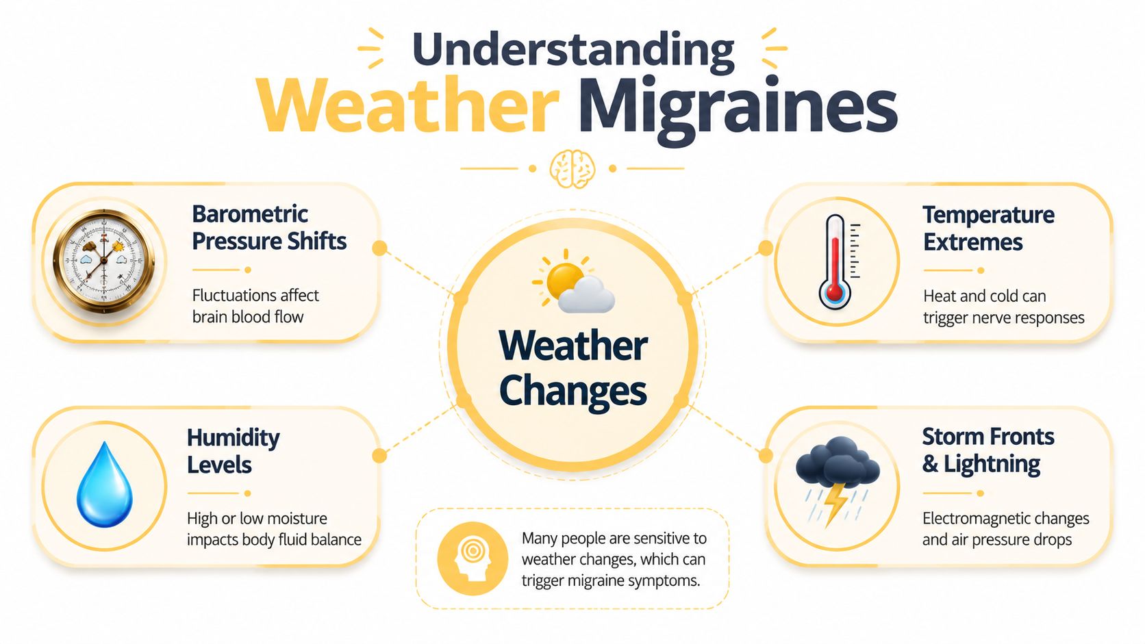An infographic titled Understanding Weather Migraines explaining how barometric pressure, temperature, humidity, and storm fronts trigger migraines.