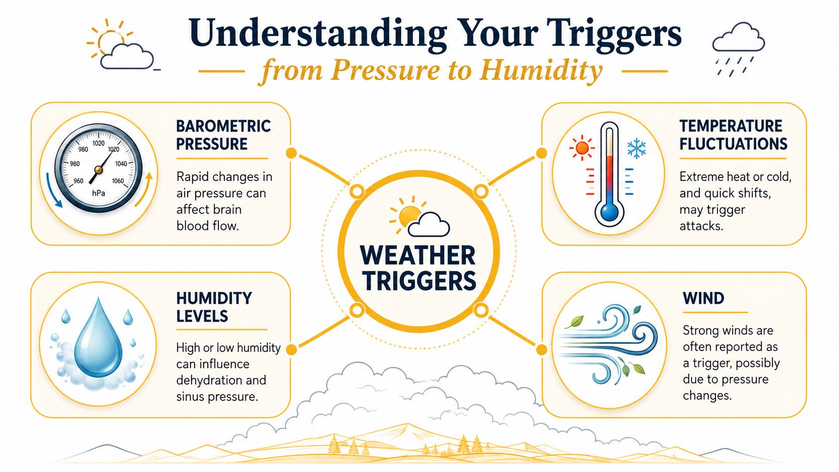 An infographic titled Understanding Your Triggers, explaining how weather factors like pressure and humidity affect health.