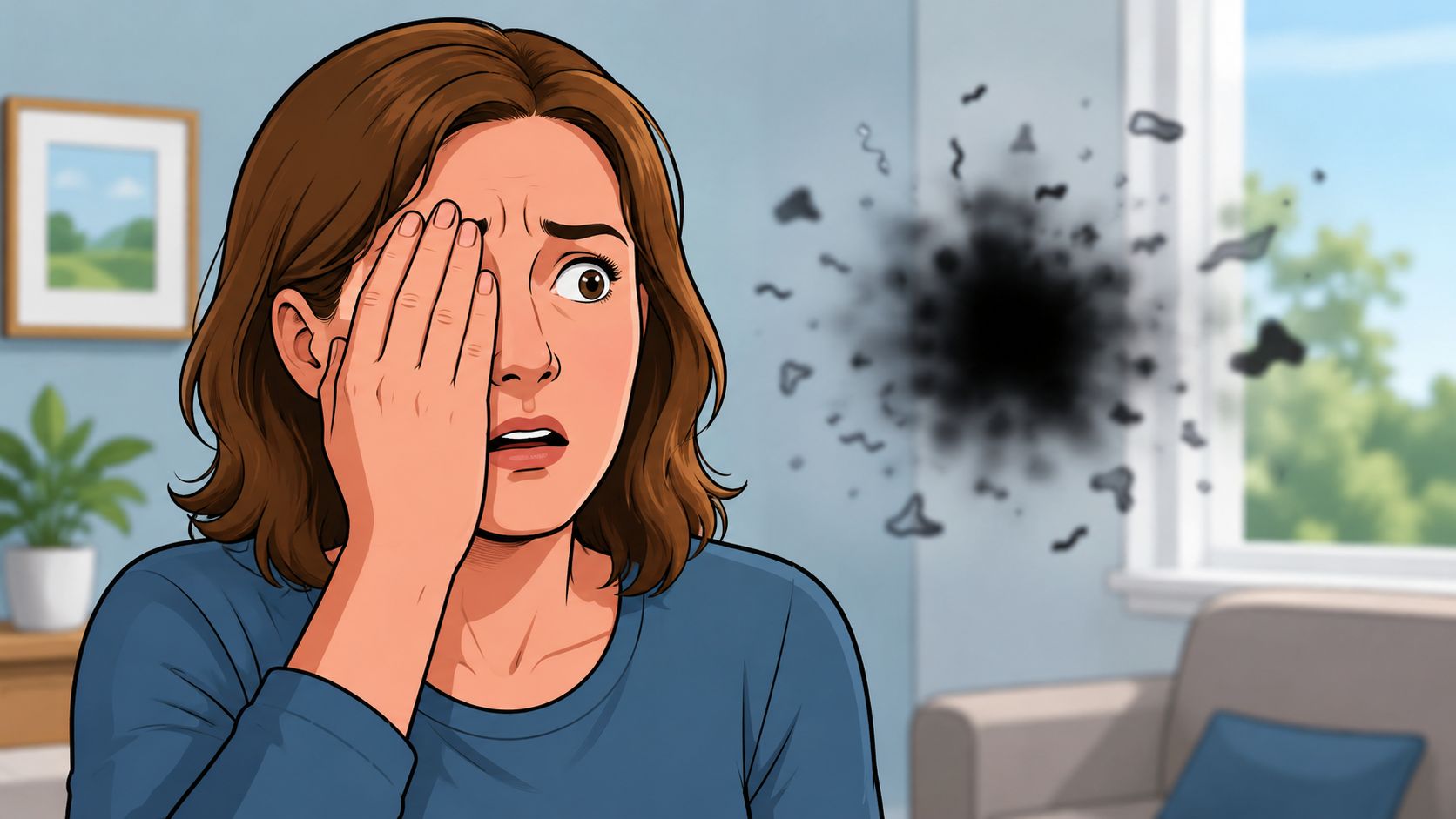 A woman covering one eye while experiencing a dark, blurred spot in her vision due to migraine.