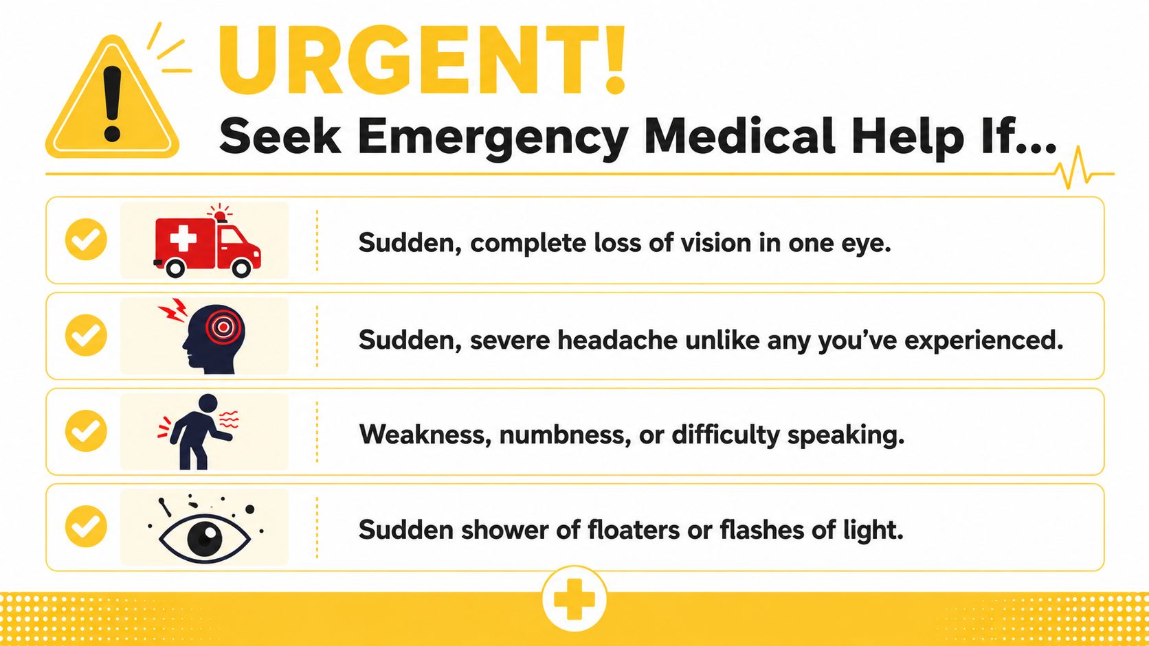 An infographic listing urgent medical symptoms requiring immediate attention such as vision loss and severe headaches.