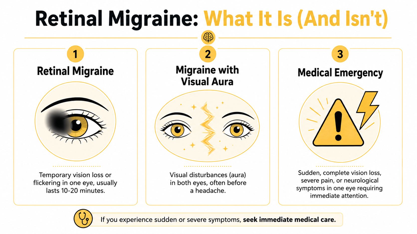 An infographic titled Retinal Migraine comparing retinal migraines, migraines with visual aura, and medical emergencies.